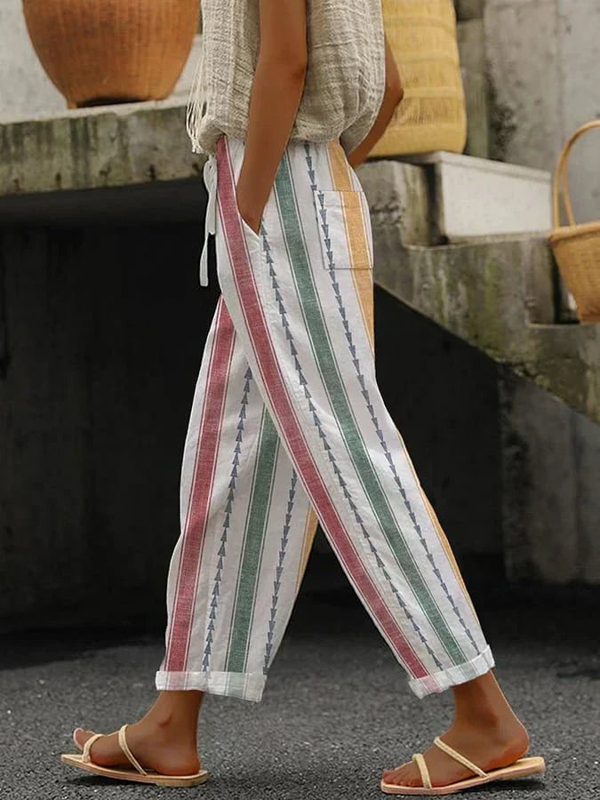 Francesca- Calças casuais para mulher com estampado retro às riscas e corte largo