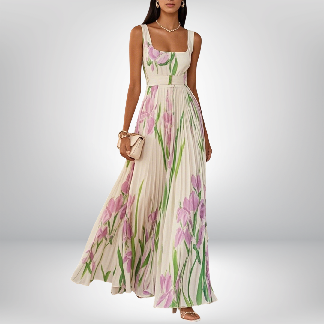 Penelope™ | Vestido Maxi em Chiffon com Flores Dobradas