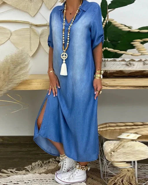 Ibiza | Vestido Maxi De Ganga Com Detalhes Modernos