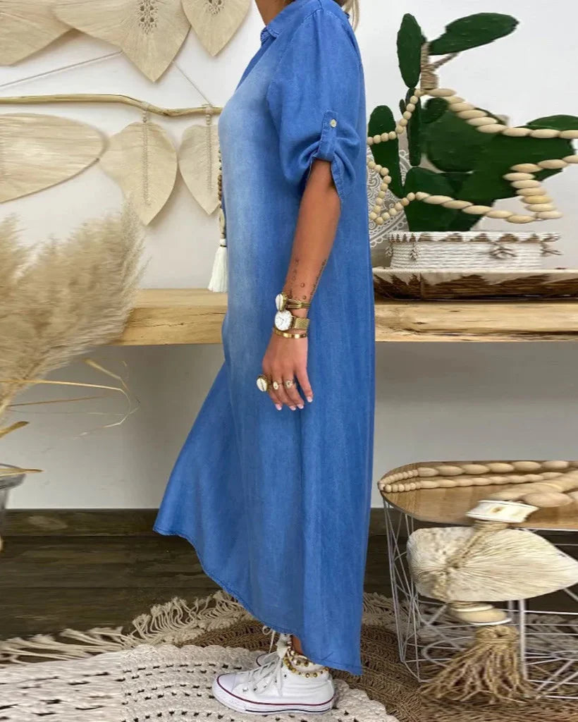 Ibiza | Vestido Maxi De Ganga Com Detalhes Modernos