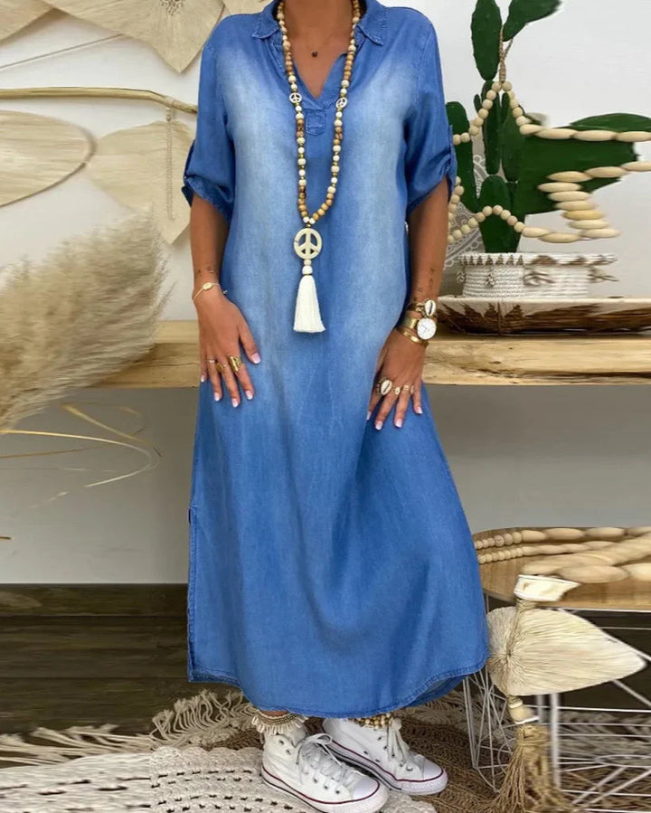 Ibiza | Vestido Maxi De Ganga Com Detalhes Modernos