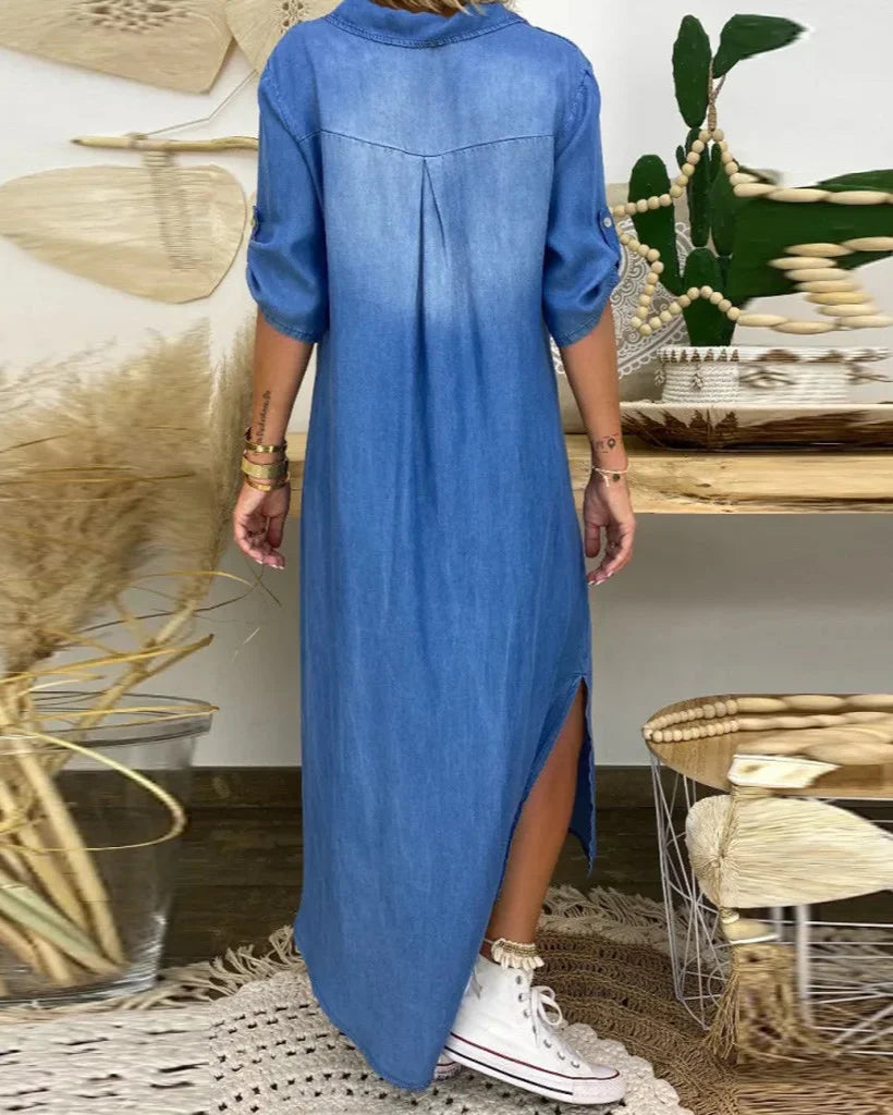 Ibiza | Vestido Maxi De Ganga Com Detalhes Modernos