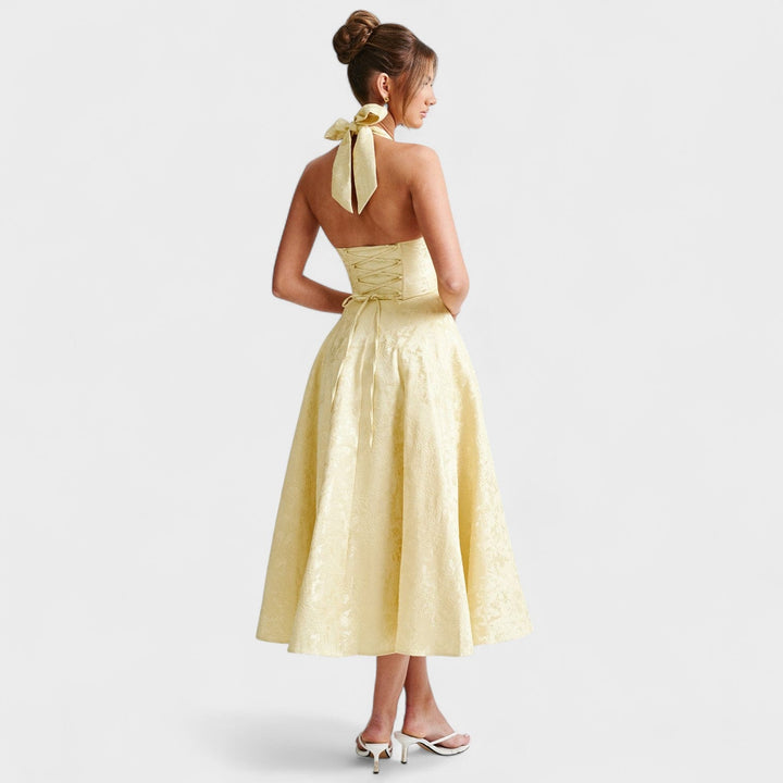 Halina - Vestido midi com espartilho e folhos