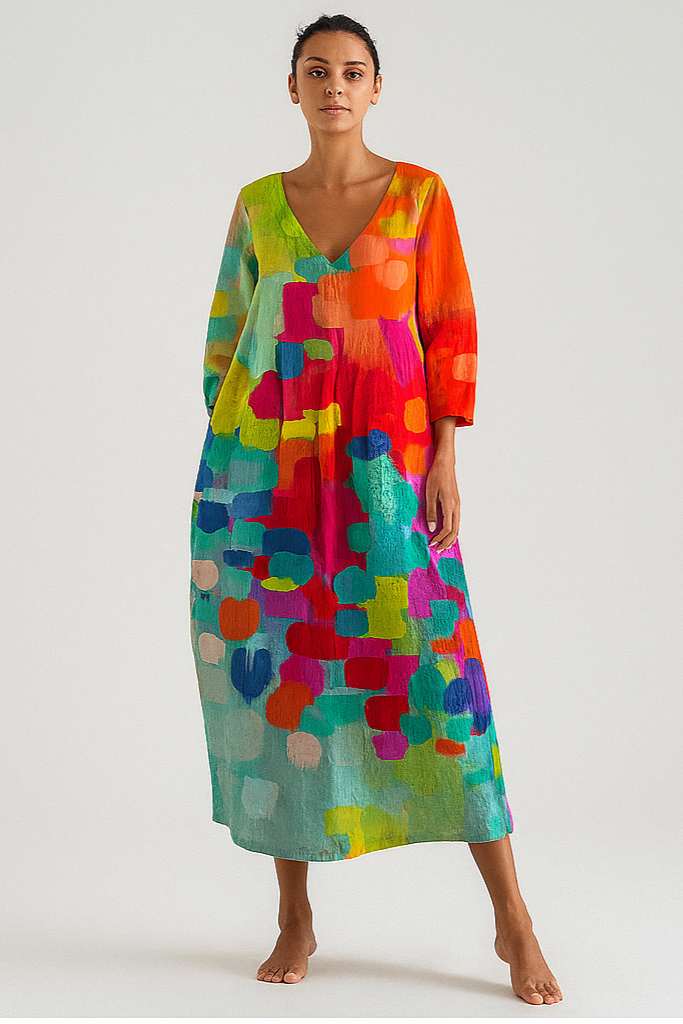 Anne | Vestido Fluido com Decote em V e Estampa Colorida