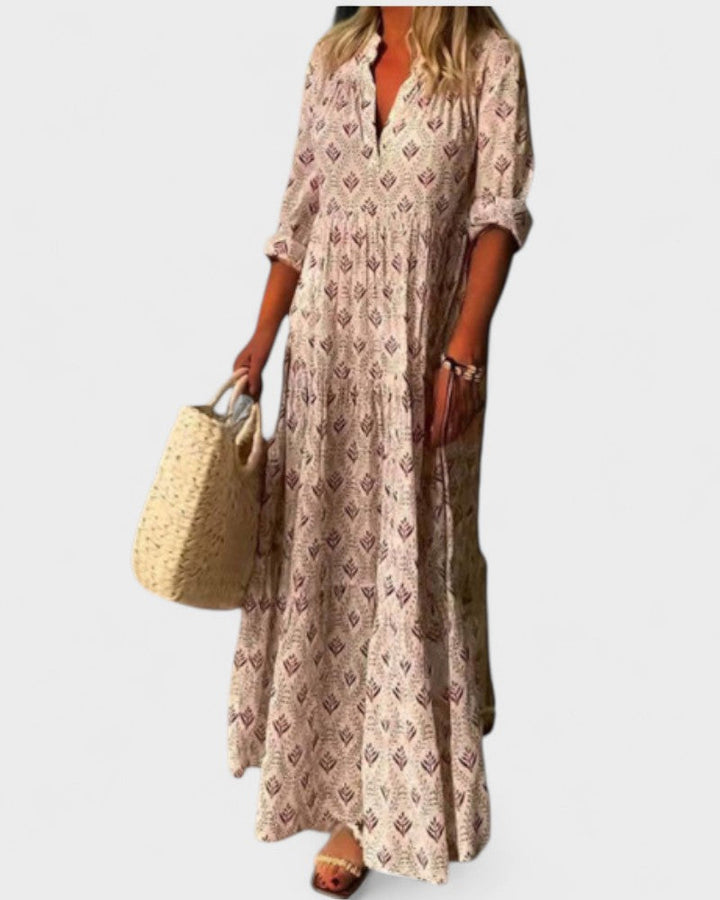 Eduarda | Vestido Longo Vintage com Decote V e Estampa Suave