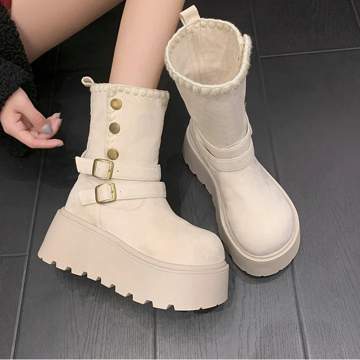 Irene | Botas com plataforma com fivela elegante e forro quente de pelúcia