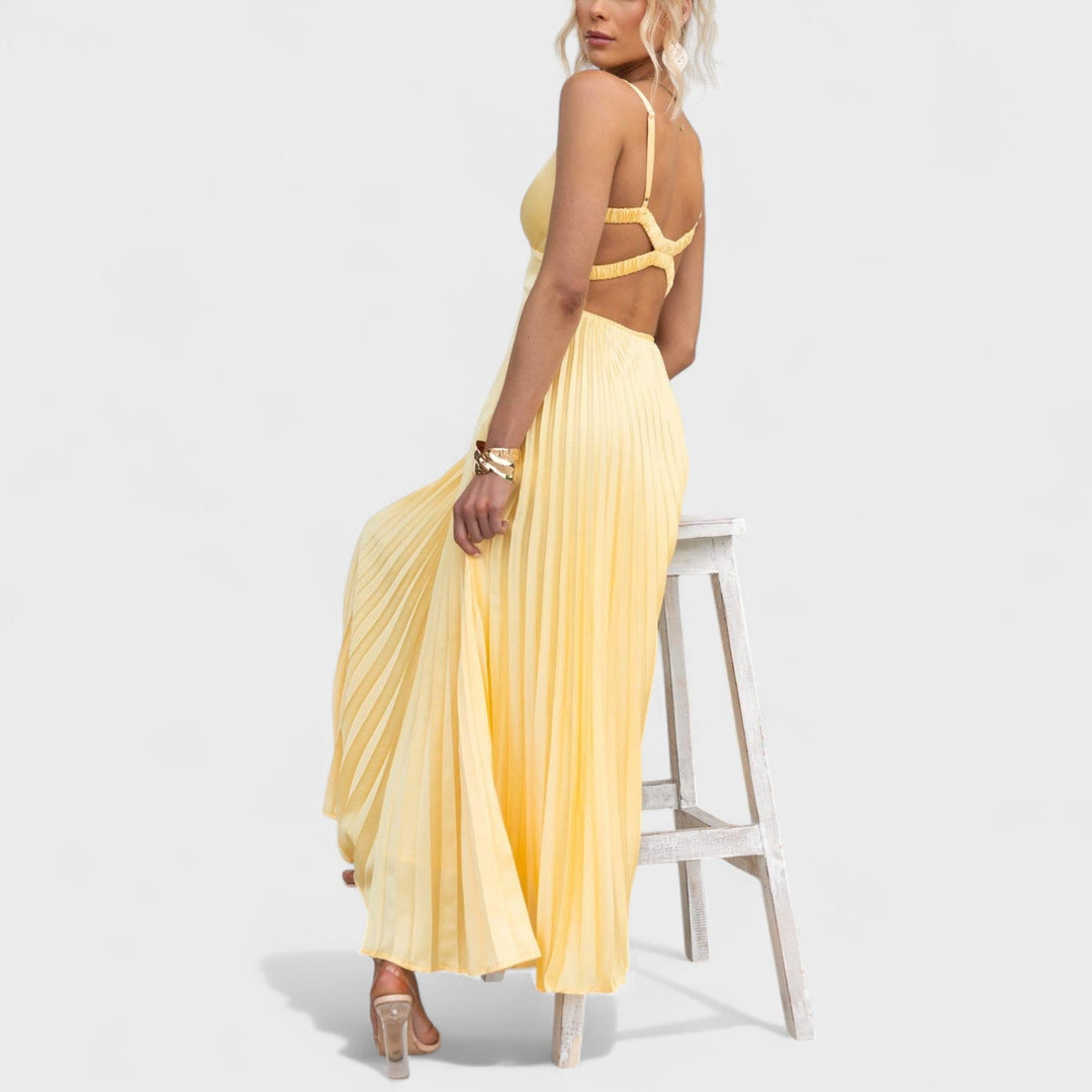 Aby - Vestido maxi amarelo plissado com decote em V