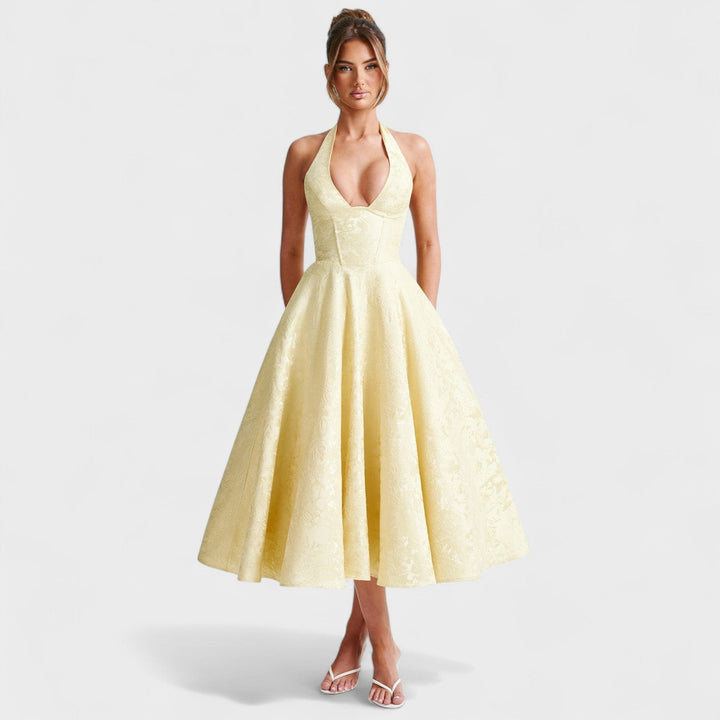 Halina - Vestido midi com espartilho e folhos