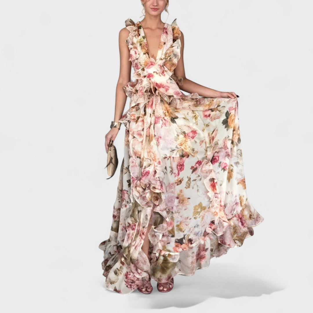 Isabela - Vestido comprido com folhos florais