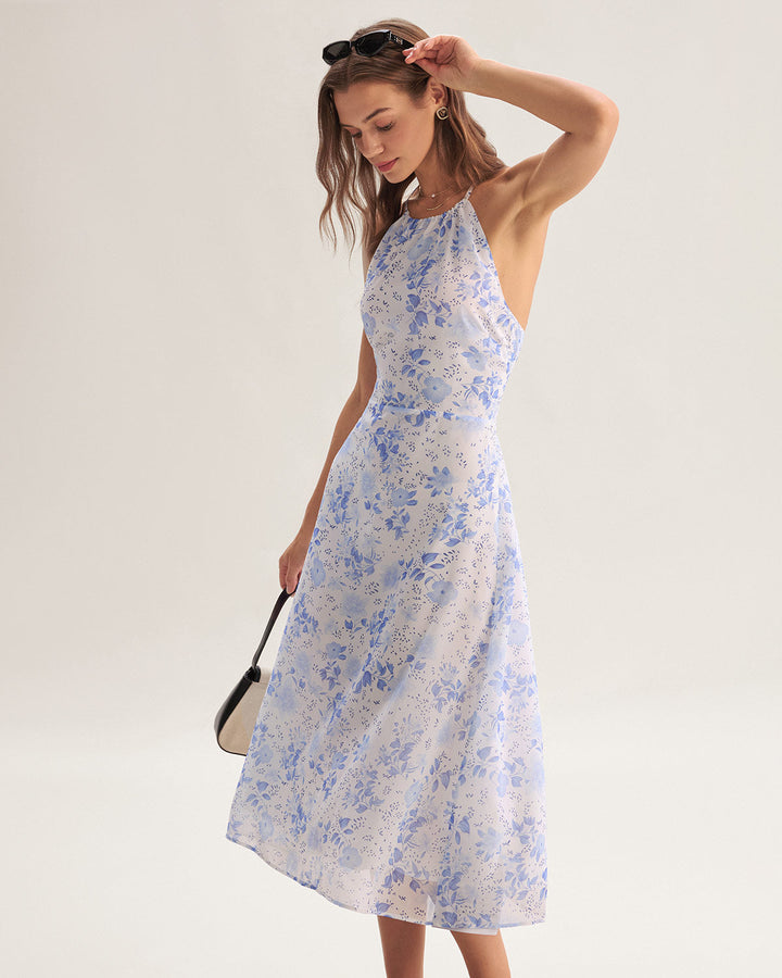 Clarice | Vestido Midi Azul Floral com Decote Halter